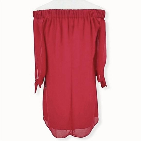 BCX Wmns Y2K Solid Red Sheer 3/4 Bowtie Sleeve Cold Shoulder Shift Dress SzM NWT - Picture 8 of 12